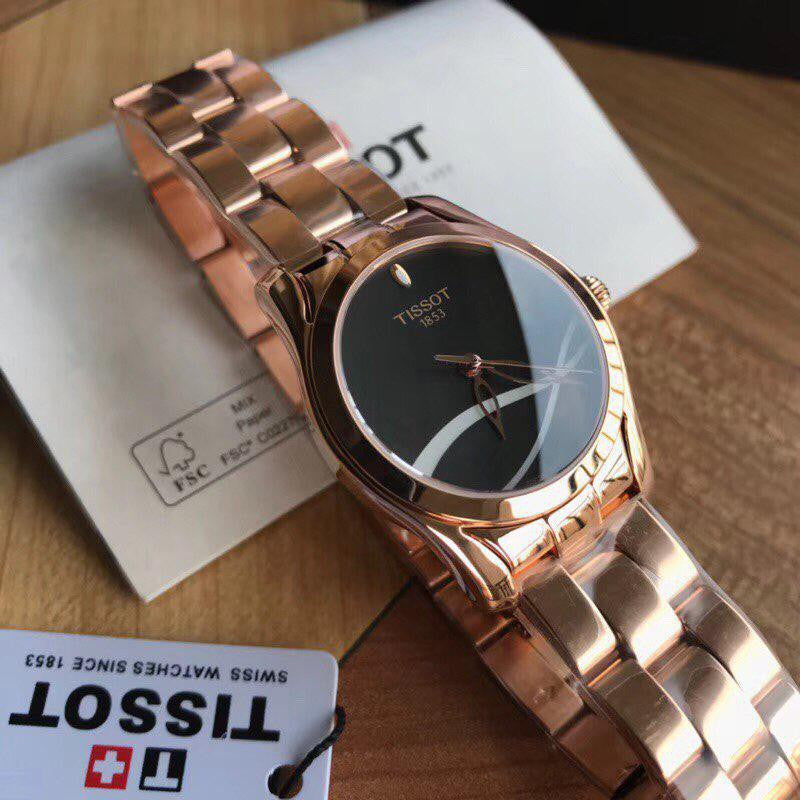 Tissot T Wave Black Dial Rose Gold Steel Strap Watch For Women - T112.210.33.051.00 Watches Tissot   