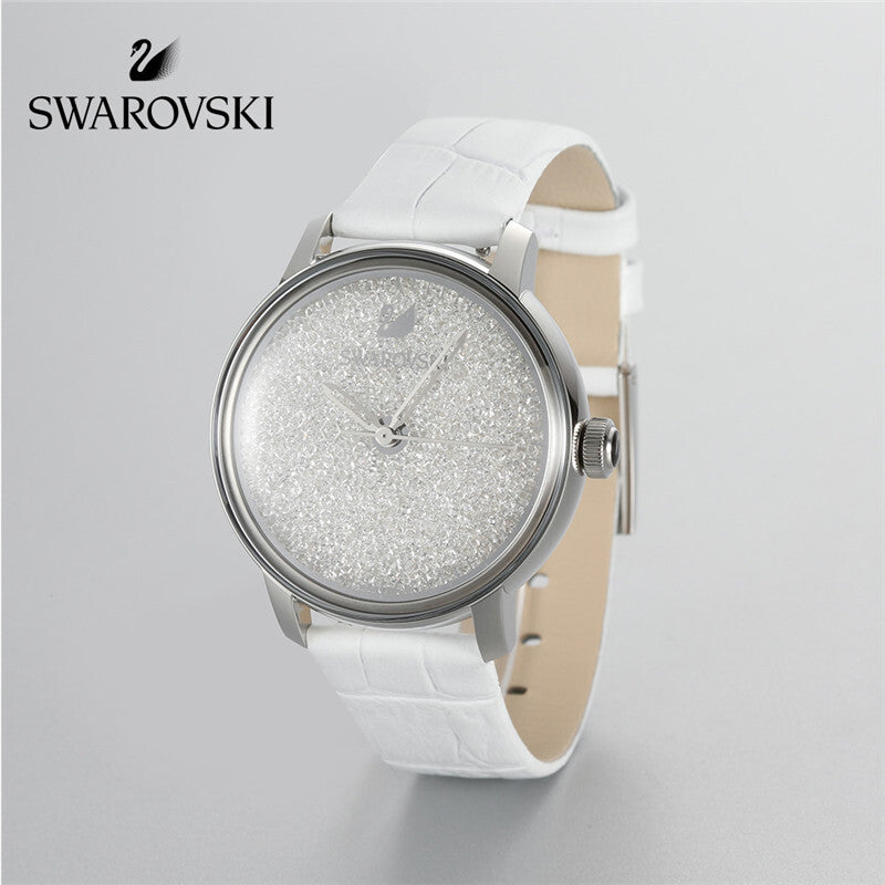 Swarovski Crystalline Hours Silver Dial White Leather Strap Watch for Women - 5295383 Watches Swarovski   