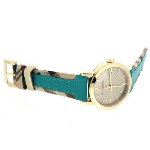 Burberry The City Gold Dial Turquoise Leather Strap Watch for Women - BU9018 Watches Burberry   