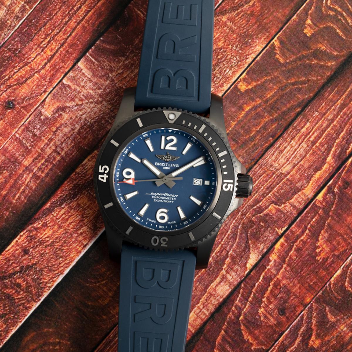 Breitling Superocean Automatic 46mm Blue Dial Blue Rubber Strap Watch for Men - M17368D71C1S1 Watches Breitling   