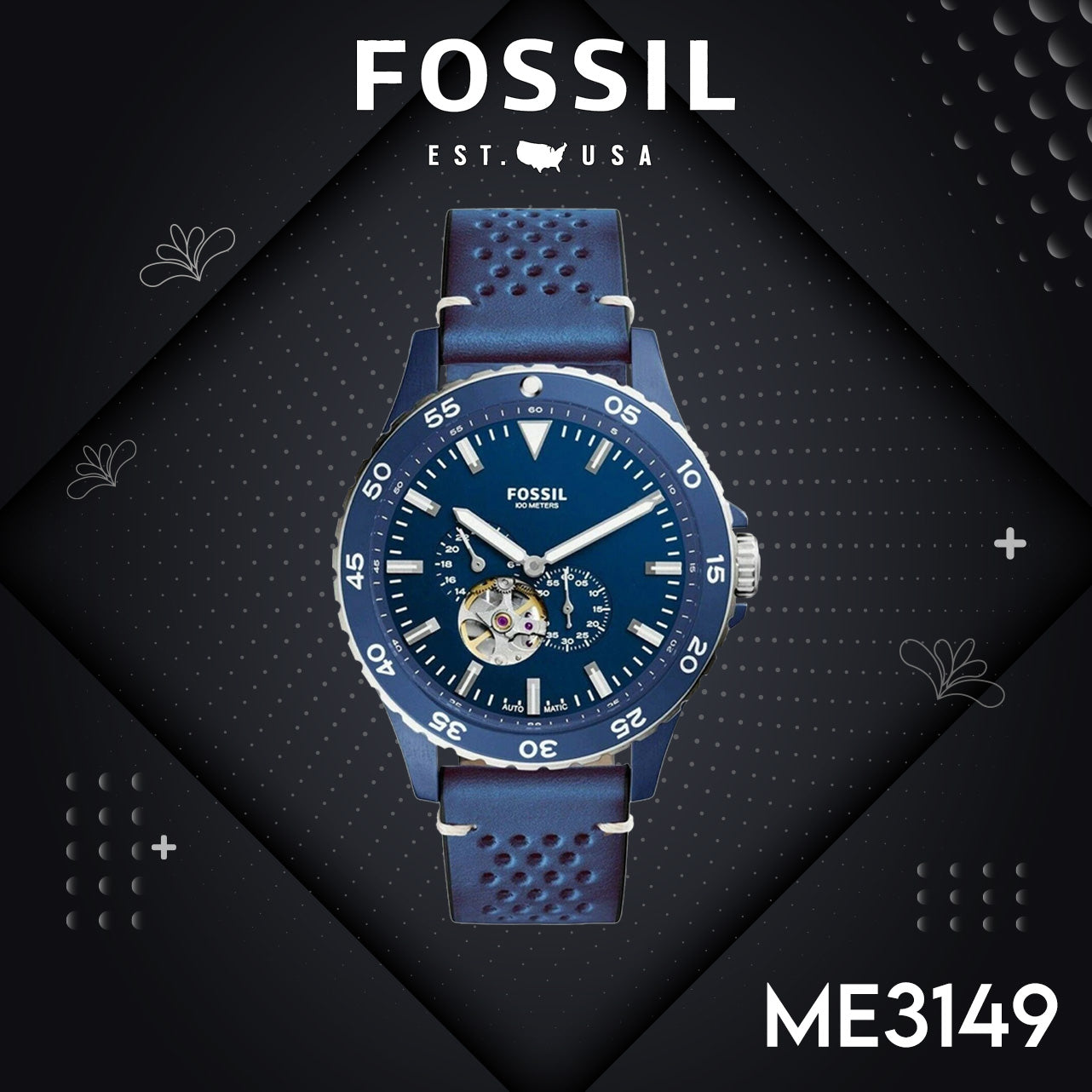 Fossil Crewmaster Sports Automatic Blue Dial Blue Rubber Strap Watch for Men - ME3149 Watches Fossil   