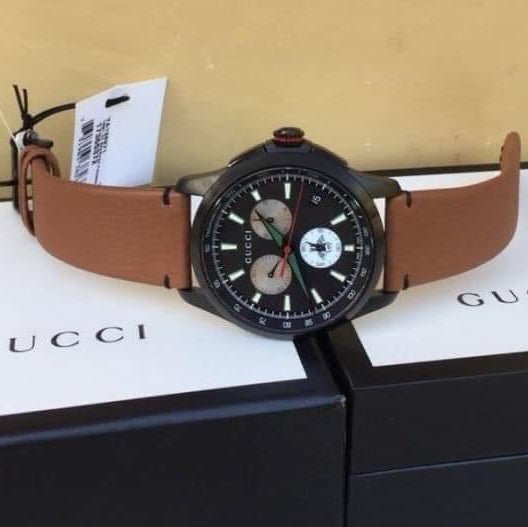 Gucci G-Timeless Chronograph Black Dial Brown Leather Strap Watch For Men - YA126271 Watches Gucci   