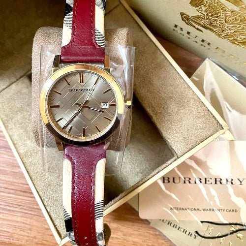 Burberry The City Gold Dial Maroon Leather Strap Watch for Women - BU9017 Watches Burberry   