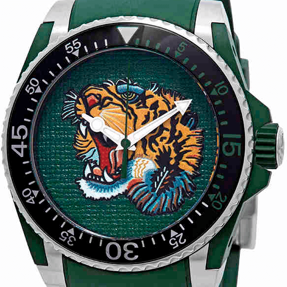 Gucci Dive Tiger Green Dial Green Rubber Strap Watch For Men - YA136316 Watches Gucci   