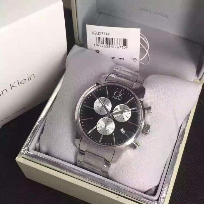 Calvin Klein City Chronograph Black Dial Silver Steel Strap Watch for Men - K2G2714X Watches Calvin Klein   