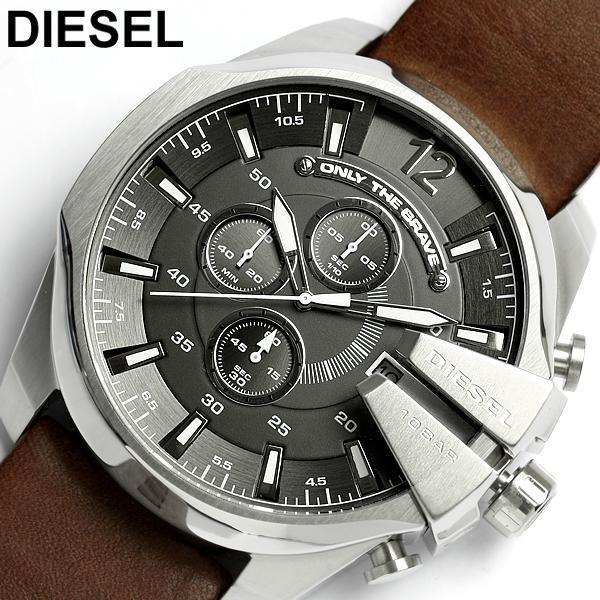 Diesel Mega Chief Black & Silver Round Dial Brown Leather Watch For Men - DZ4290 Watches Diesel   