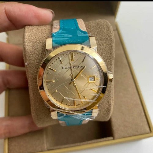 Burberry The City Gold Dial Turquoise Leather Strap Watch for Women - BU9018 Watches Burberry   