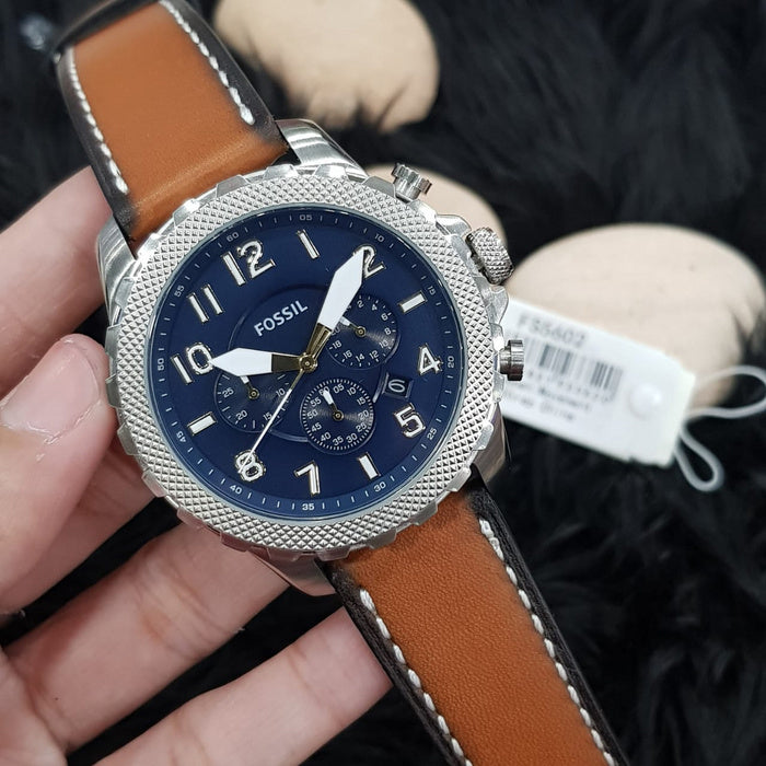 Fossil Bowman Chronograph Luggage Blue Dial Brown Leather Strap Watch for Men - FS5602 Watches Fossil   