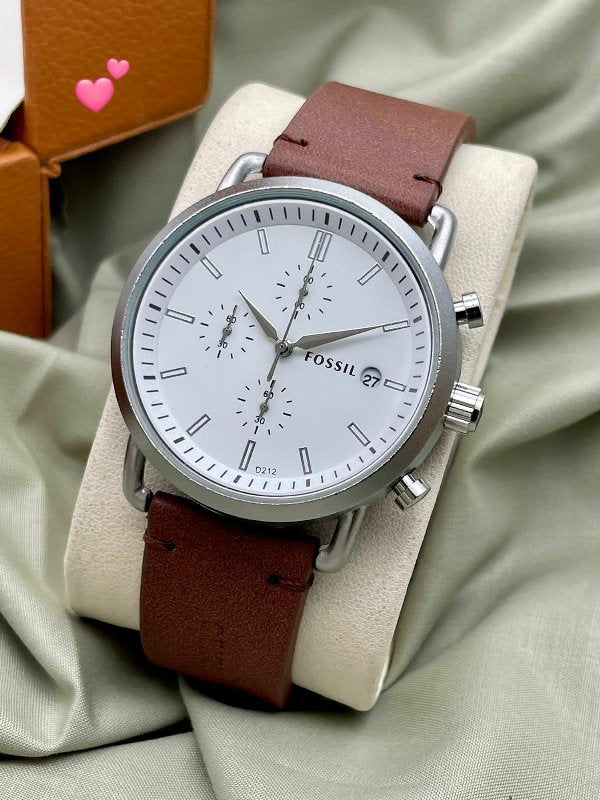 Fossil The Commuter White Dial Brown Leather Strap Watch for Men - FS5402 Watches Fossil   