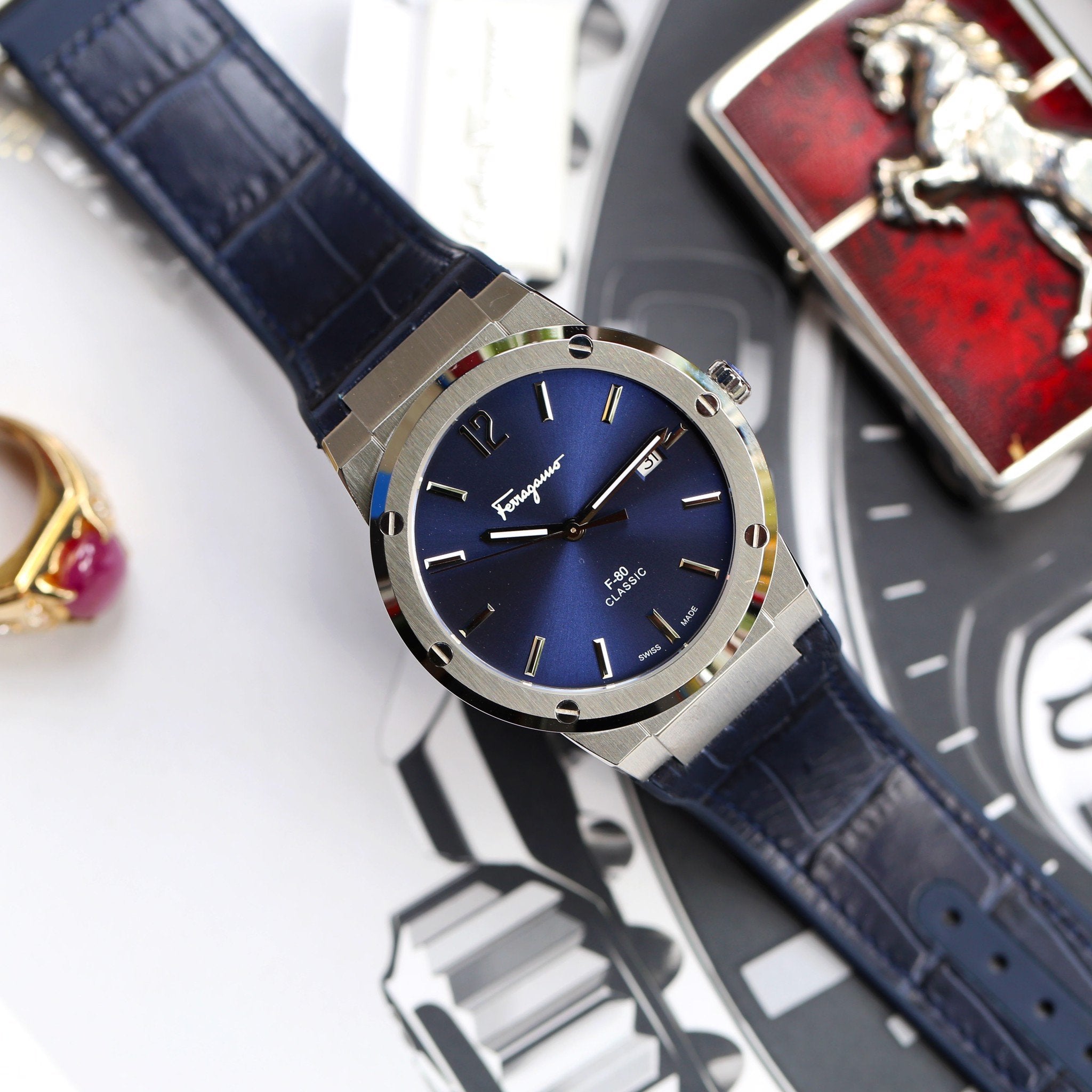 Salvatore Ferragamo F-80 Classic Blue Dial Blue Leather Strap Watch for Men - SFDT00319 Watches Salvatore Ferragamo   