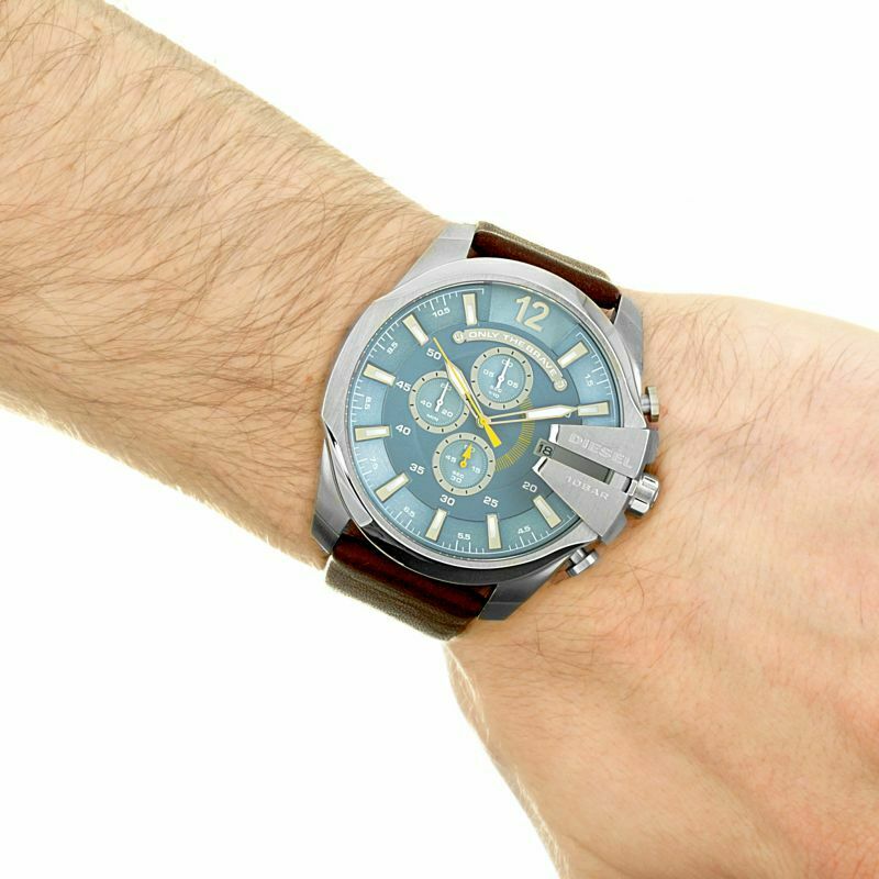 Diesel Mega Chief Light Blue Dial Brown Leather Strap Watch For Men - DZ4281 Watches Diesel   