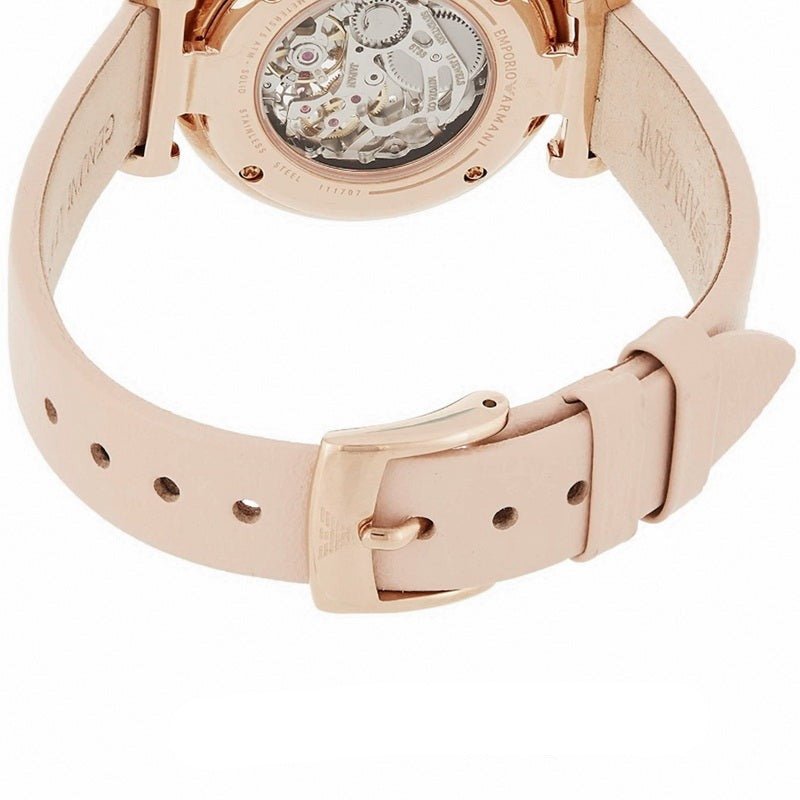 Emporio Armani Meccanico Silver Skeleton Dial Beige Leather Strap Watch For Women - AR60001 Watches Emporio Armani   