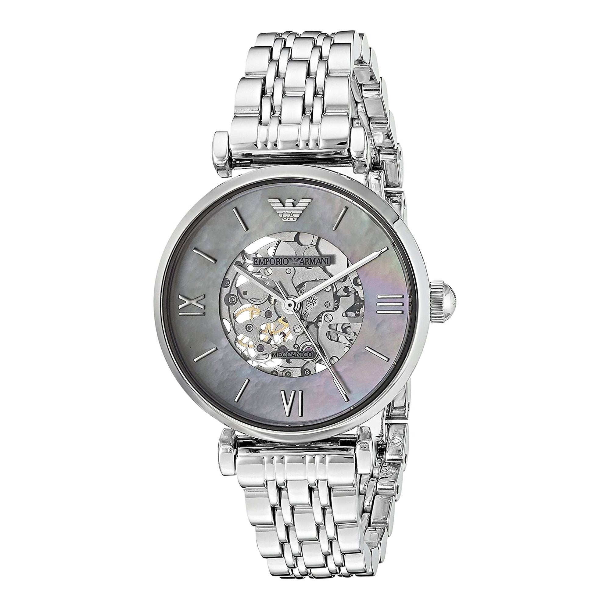 Emporio Armani Meccanico Mother of Pearl Dial Silver Stainless Steel Watch For Women - AR1991 Watches Emporio Armani   