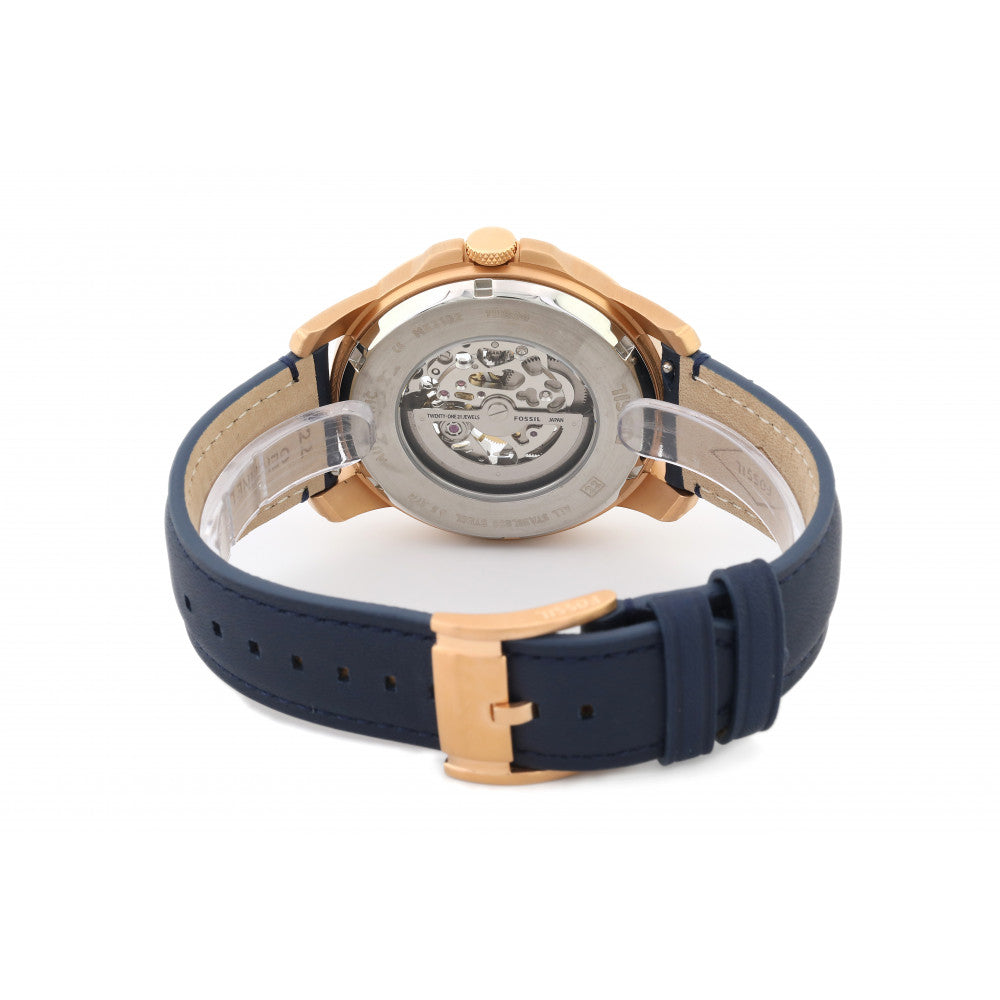 Fossil Grant Automatic Skeleton Navy Blue Dial Navy Blue Leather Strap Watch for Men - ME3102 Watches Fossil   