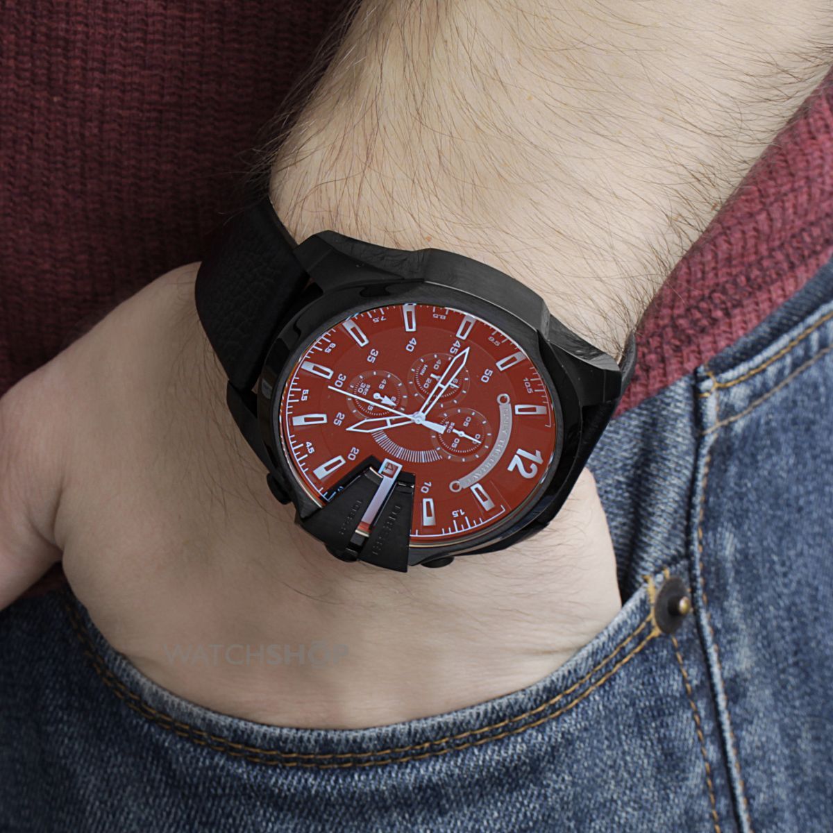 Diesel Mega Chief Black Dial Black Leather Strap Watch For Men - DZ4323 Watches Diesel   