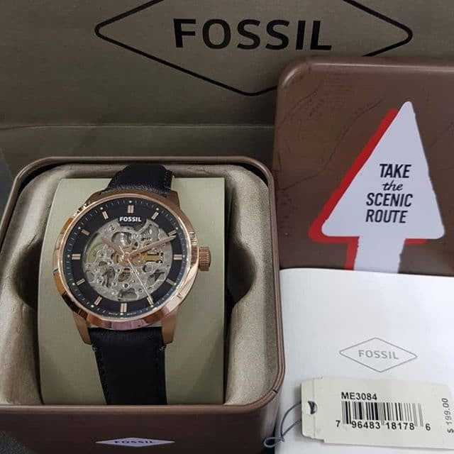 Fossil Townsman Automatic Skeleton Black Dial Black Leather Strap Watch for Men - ME3084 Watches Fossil   