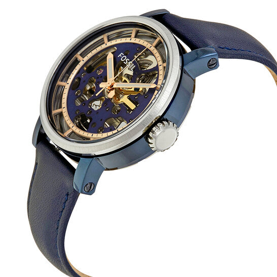 Fossil Boyfriend Skeleton Blue Dial Blue Leather Strap Watch for Women - ME3136 Watches Fossil   