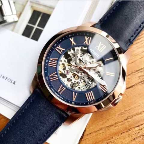 Fossil Grant Automatic Skeleton Navy Blue Dial Navy Blue Leather Strap Watch for Men - ME3102 Watches Fossil   