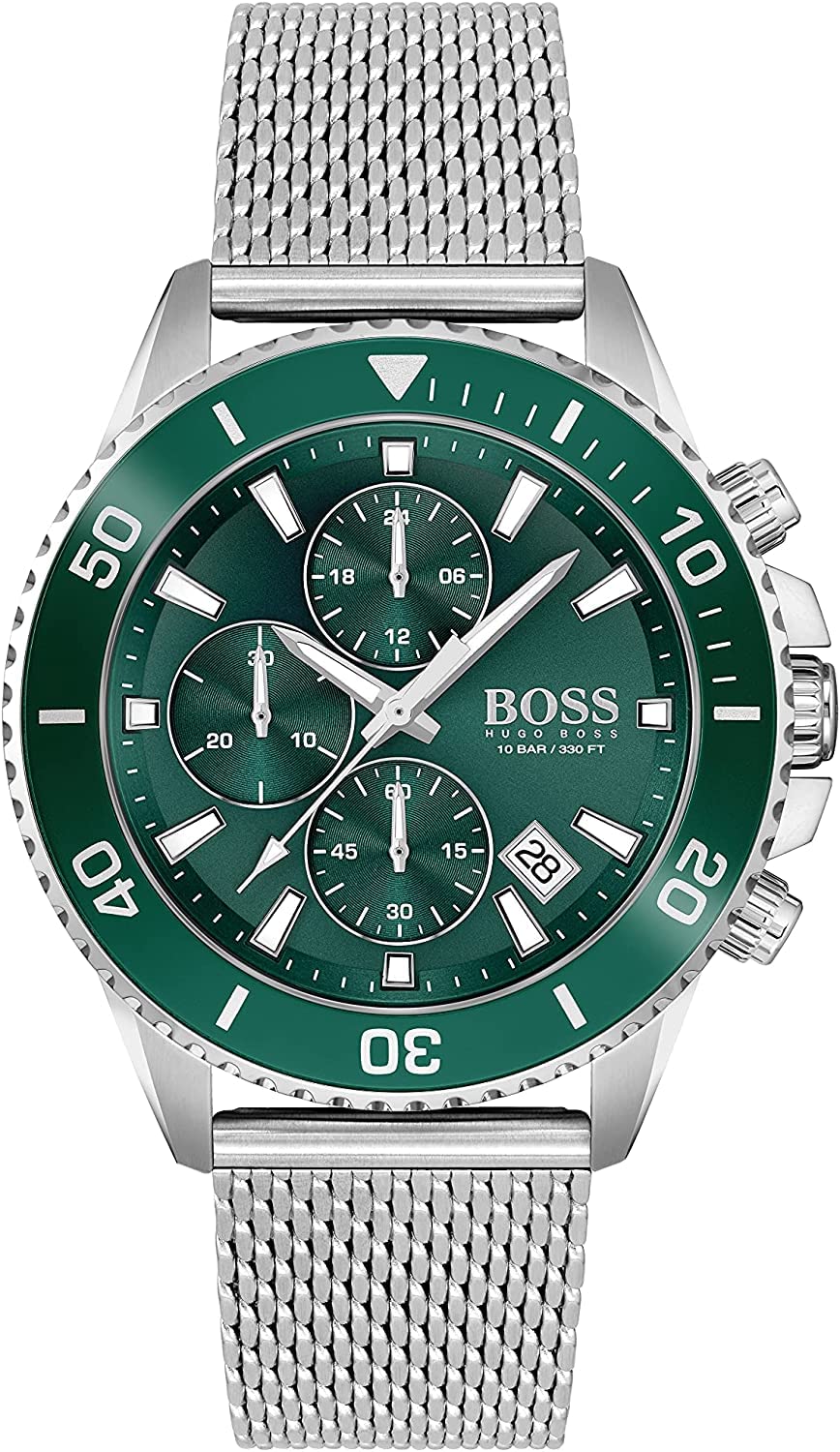 Hugo Boss Admiral Green Dial Silver Mesh Bracelet Watch for Men - 1513905 Watches Hugo Boss   