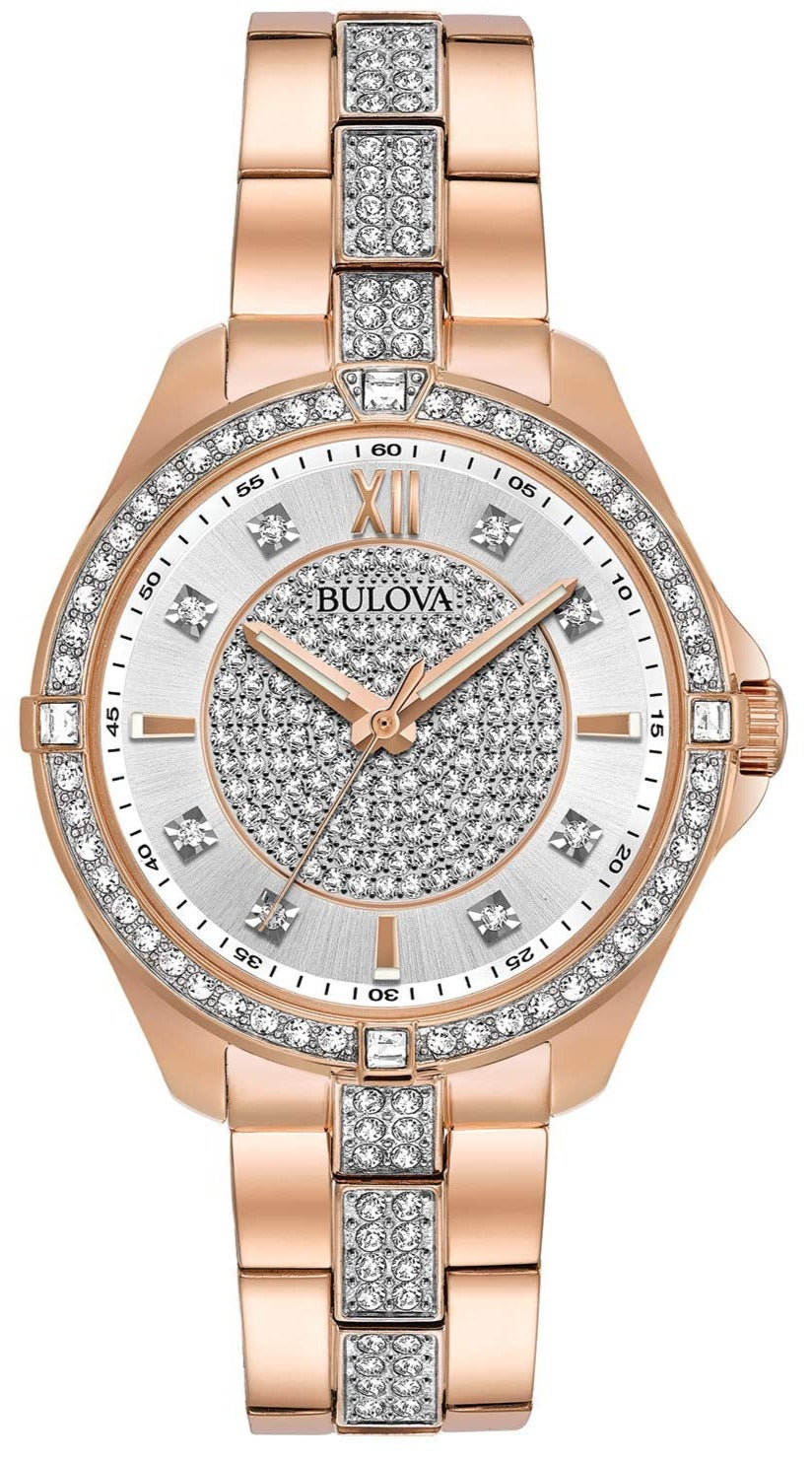 Bulova Crystal Collection Silver Dial Rose Gold Steel Strap Watch for Women - 98L229 Watches Bulova   