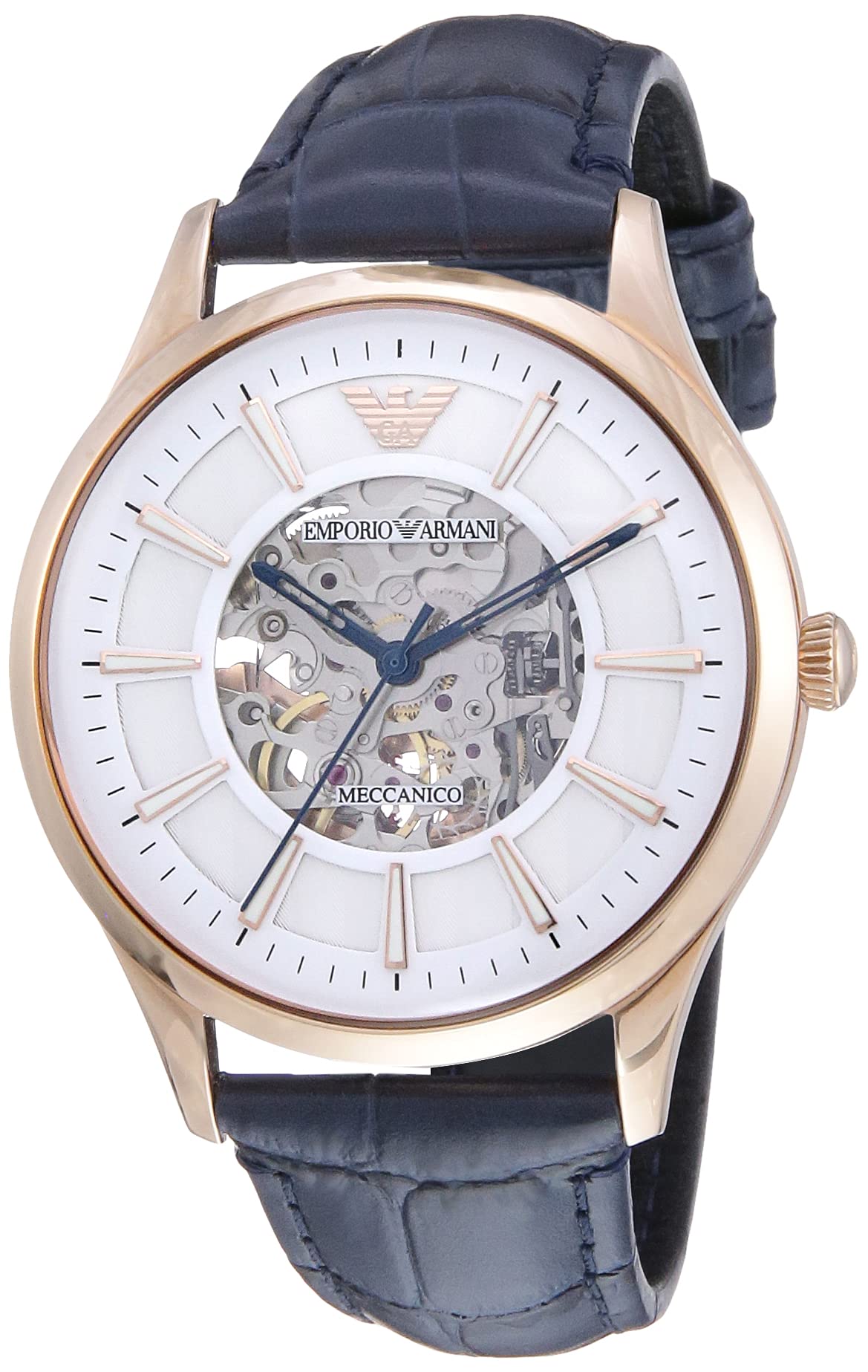 Emporio Armani Meccanico Automatic White Dial Blue Leather Strap Watch For Men - AR1947 Watches Emporio Armani   