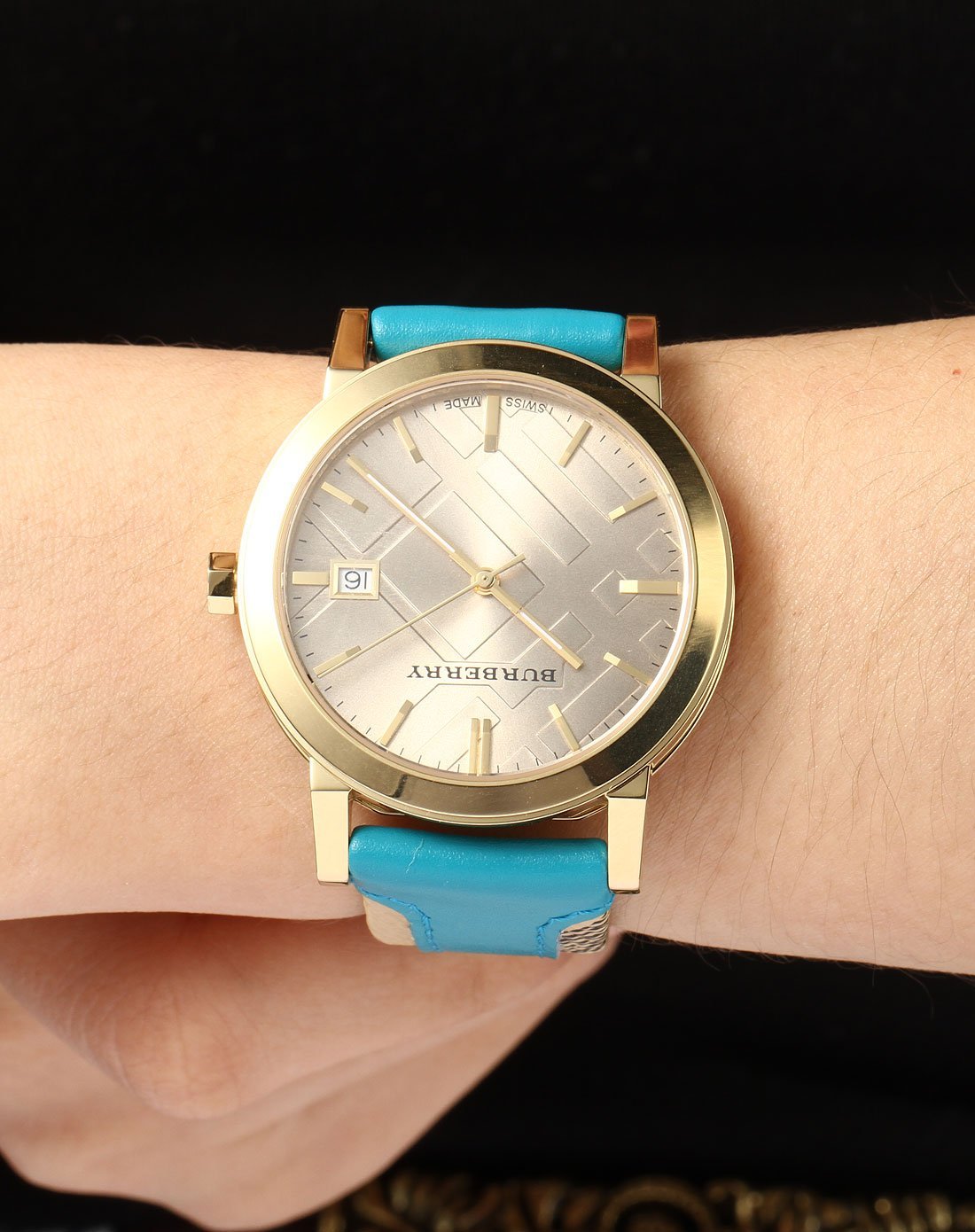 Burberry The City Gold Dial Turquoise Leather Strap Watch for Women - BU9018 Watches Burberry   