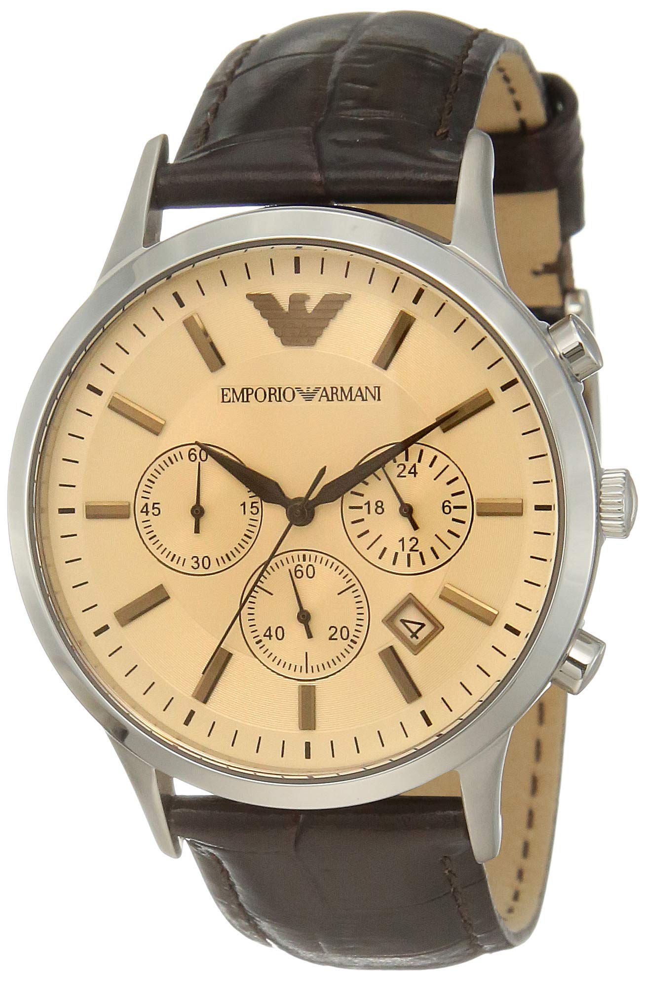 Emporio Armani Classic Chronograph Beige Dial Brown Leather Strap Watch For Men - AR2433 Watches Emporio Armani   