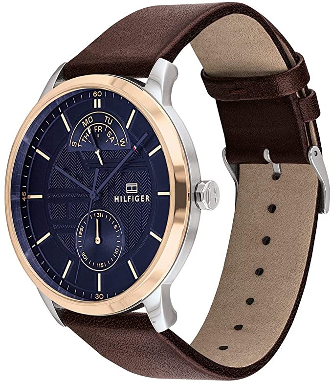 Tommy Hilfiger Hunter Blue Dial Brown Leather Strap Watch for Men - 1791605 Watches Tommy Hilfiger   