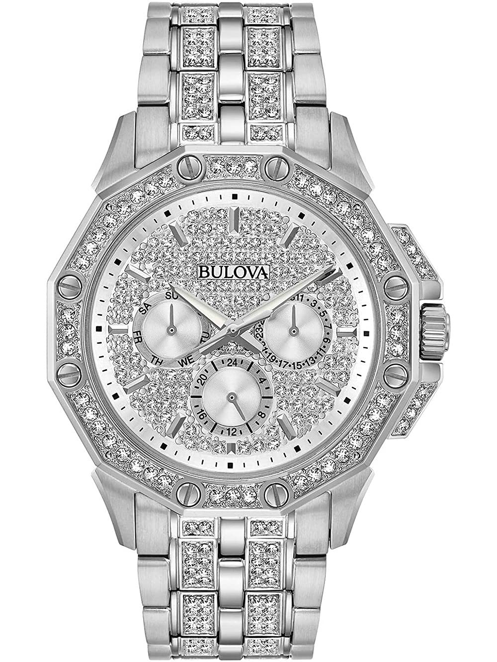 Bulova Crystal Collection Pave Silver Dial with Crystals Silver Steel Strap Watch for Men - 96C134 Watches Bulova   