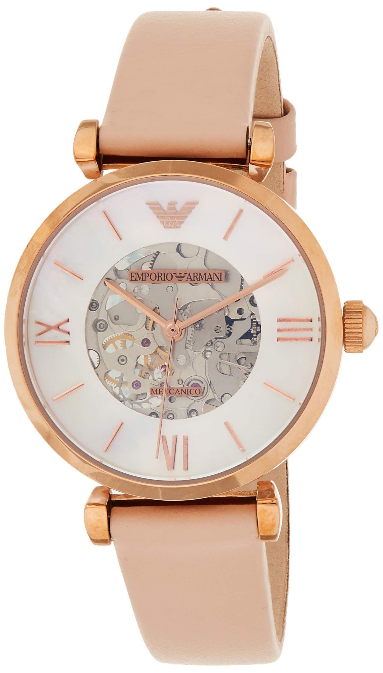 Emporio Armani Meccanico Silver Skeleton Dial Beige Leather Strap Watch For Women - AR60001 Watches Emporio Armani   