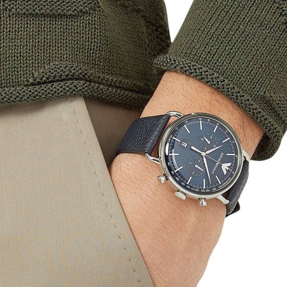 Emporio Armani Aviator Blue Dial Blue Leather Strap Watch For Men - AR11105 Watches Emporio Armani   