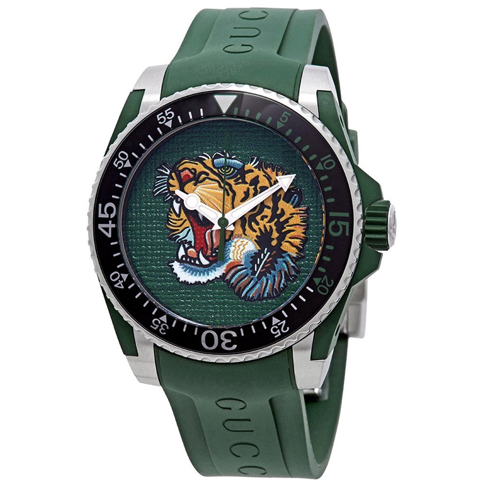 Gucci Dive Tiger Green Dial Green Rubber Strap Watch For Men - YA136316 Watches Gucci   