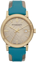 Burberry The City Gold Dial Turquoise Leather Strap Watch for Women - BU9018 Watches Burberry   