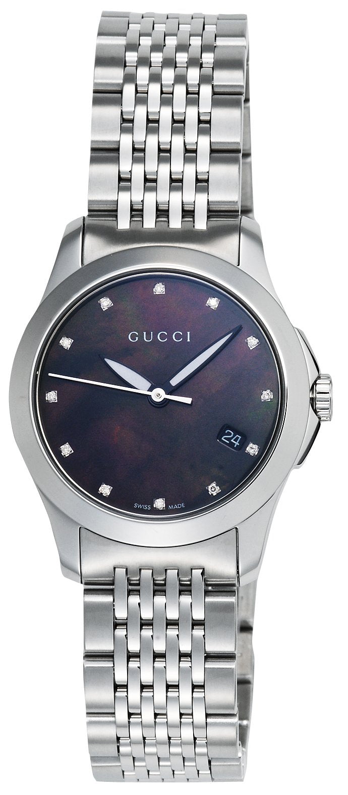 Gucci G Timeless Diamond Mother of Pearl Black Dial Silver Steel Strap Watch For Women - YA126505 Watches Gucci   