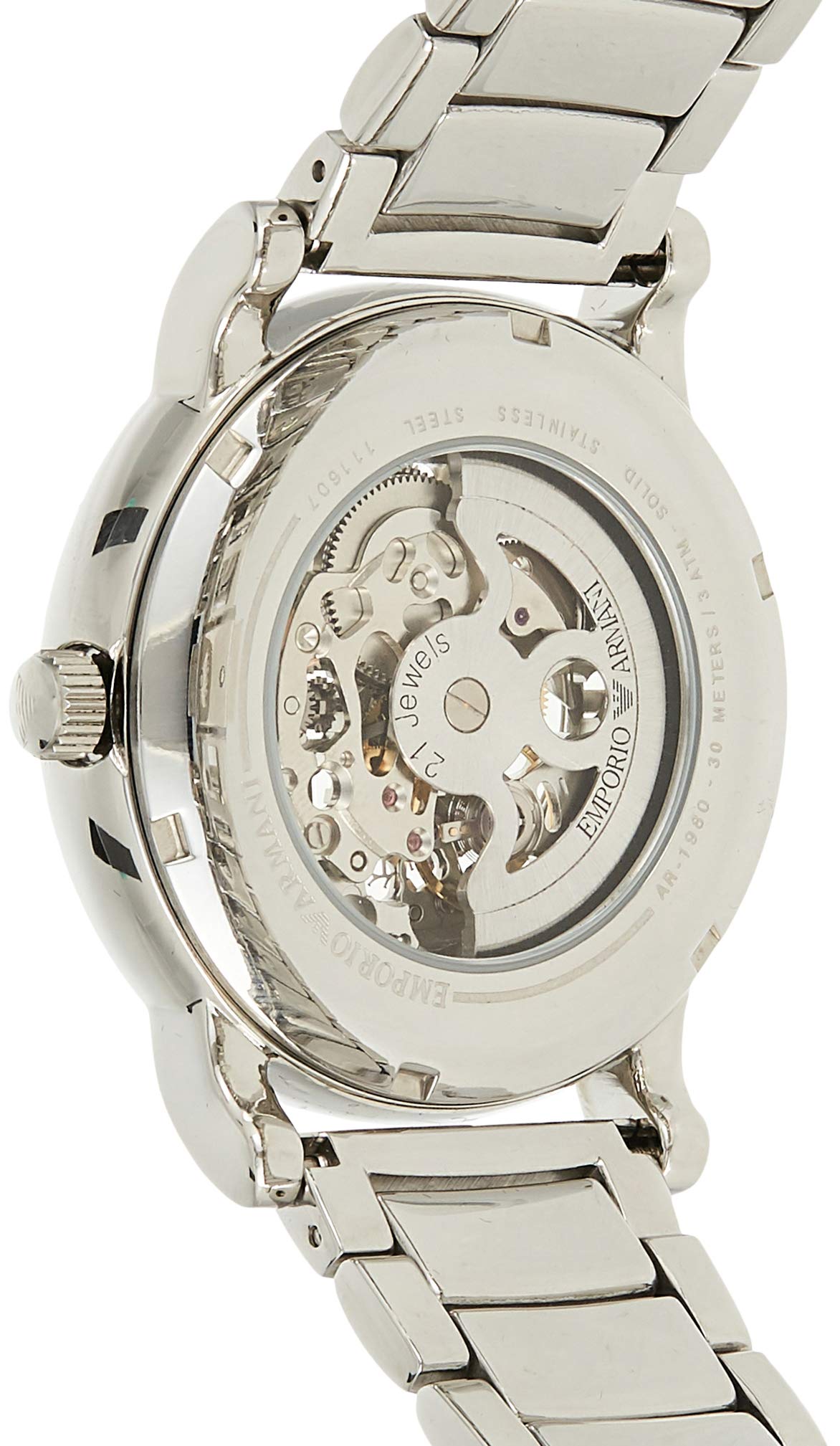 Emporio Armani Meccanico Silver Skeleton Dial Stainless Steel Watch For Men - AR1980 Watches Emporio Armani   