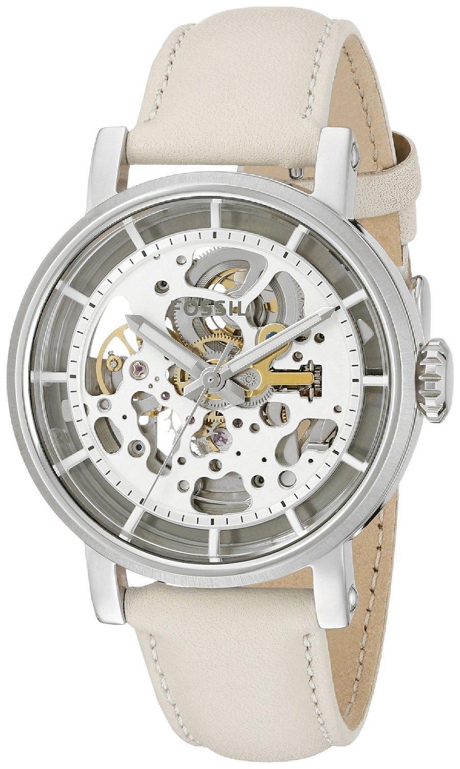 Fossil Boyfriend Automatic Skeleton Silver Dial White Leather Strap Watch for Women - ME3069 Watches Fossil   