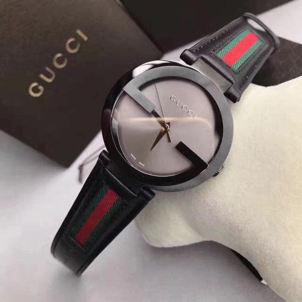 Gucci Interlocking XL Black Dial Red & Green Leather Strap Watch For Men - YA133206 Watches Gucci   