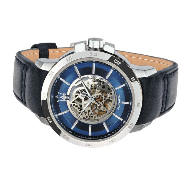 Maserati Ingegno Automatic Blue Skeleton Dial Black Leather Strap Watch For Men - R8821119004 Watches Maserati   