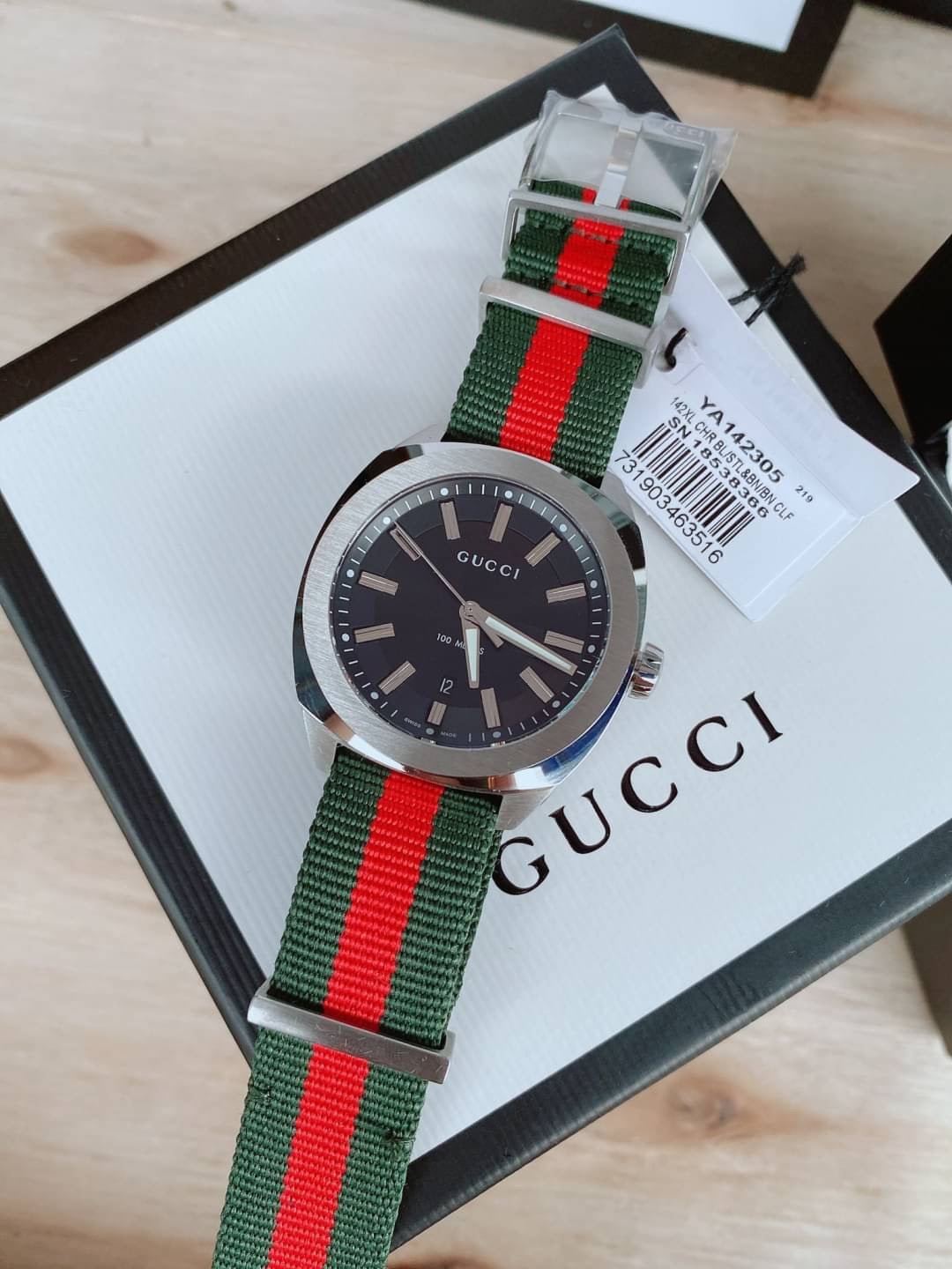 Gucci GG2570 Black Dial Green & Red Nylon Strap Watch For Men - YA142305 Watches Gucci   