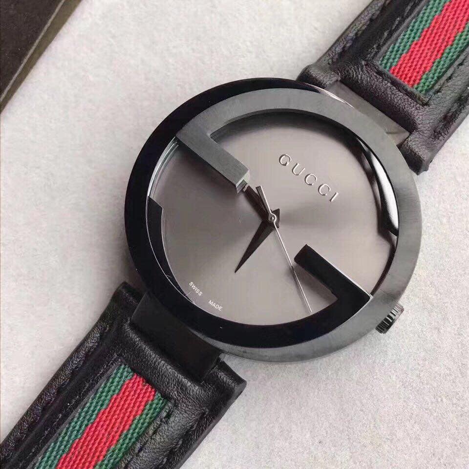 Gucci Interlocking XL Black Dial Red & Green Leather Strap Watch For Men - YA133206 Watches Gucci   