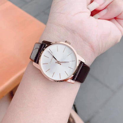 Calvin Klein City White Mother of Pearl Dial Brown Leather Strap Watch for Women - K2G23620 Watches Calvin Klein   