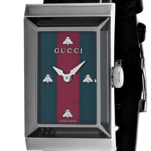 Gucci G-Frame Mother of Pearl Green & Red Dial Black Leather Strap Watch For Women - YA147403 Watches Gucci   