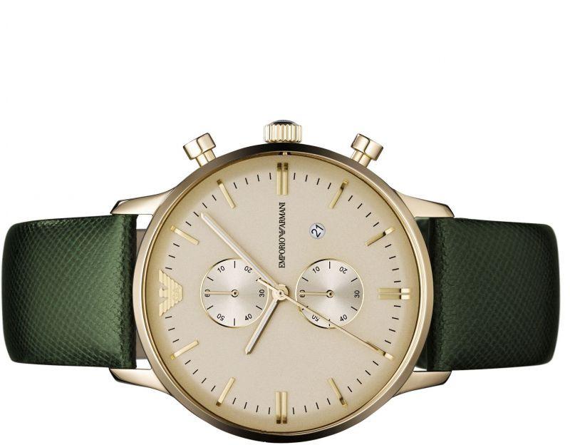 Emporio Armani Chronograph Champagne Dial Green Leather Strap Watch For Men - AR1722 Watches Emporio Armani   