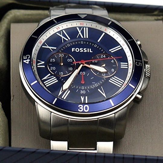 Fossil Grant Sport Chronograph Blue Dial Silver Steel Strap Watch for Men - FS5238 Watches Fossil   