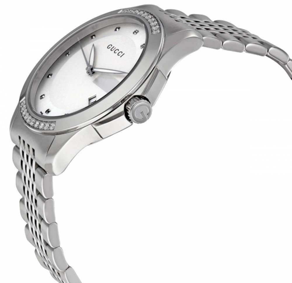 Gucci G Timeless Diamond Silver Dial Silver Steel Strap Watch For Men - YA126407 Watches Gucci   