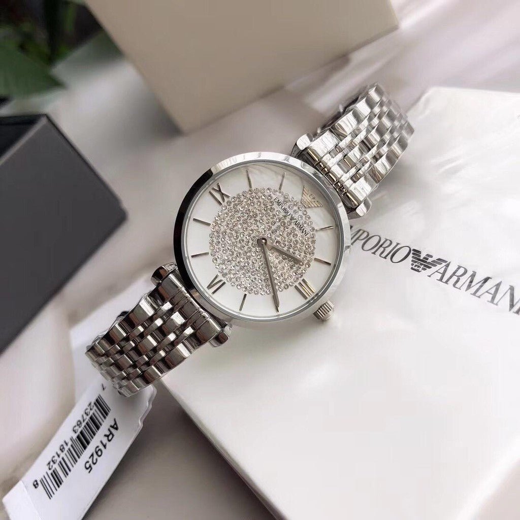 Emporio Armani Gianni T Bar White Crystal Pave Dial Silver Stainless Steel Strap Watch For Women - AR1925 Watches Emporio Armani   