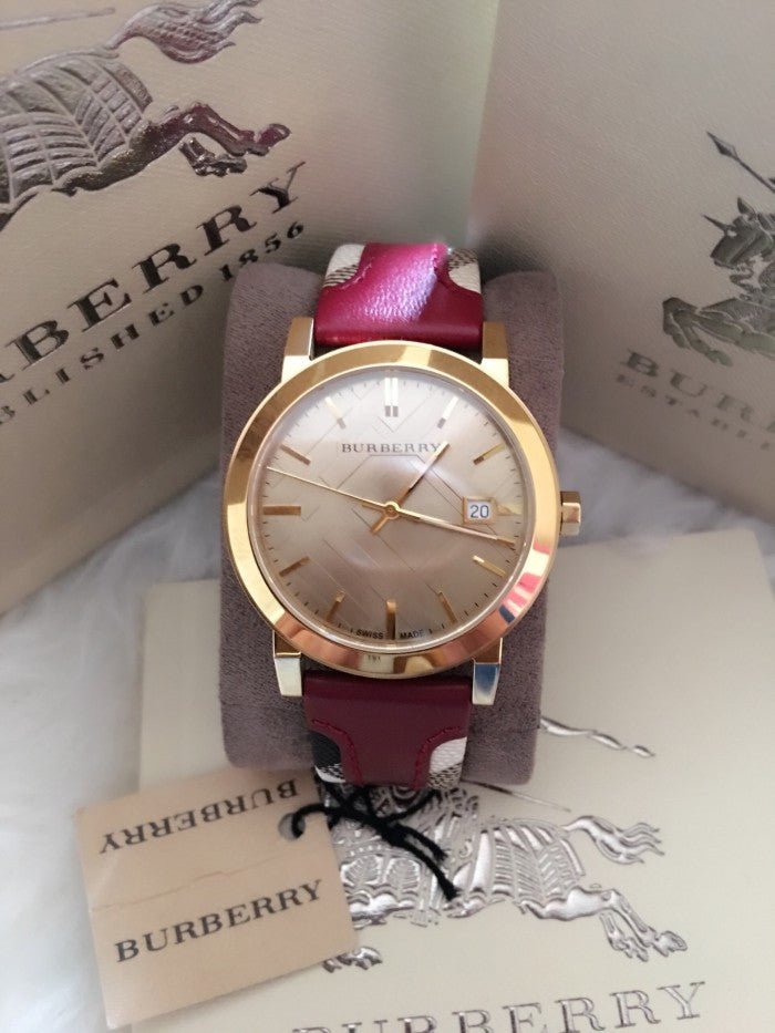 Burberry The City Gold Dial Maroon Leather Strap Watch for Women - BU9017 Watches Burberry   