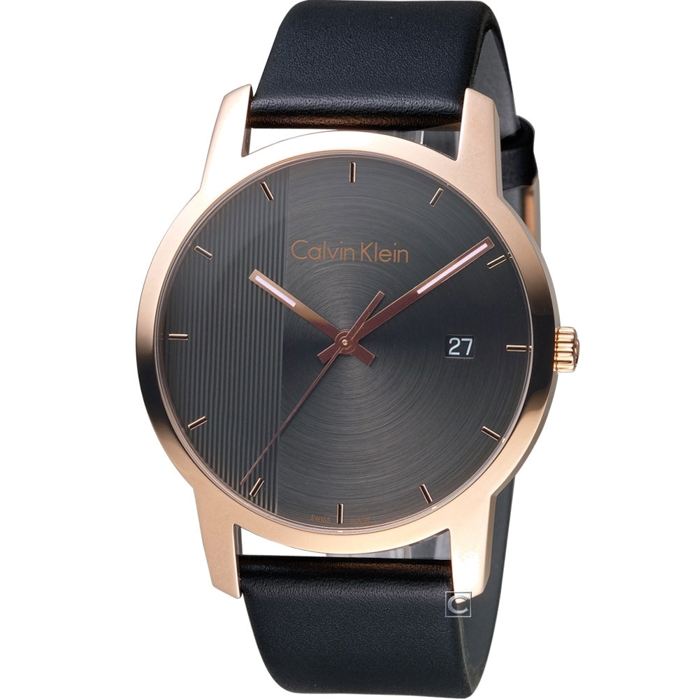 Calvin Klein City Quartz Grey Dial Black Leather Strap Watch for Men - K2G2G6C3 Watches Calvin Klein   