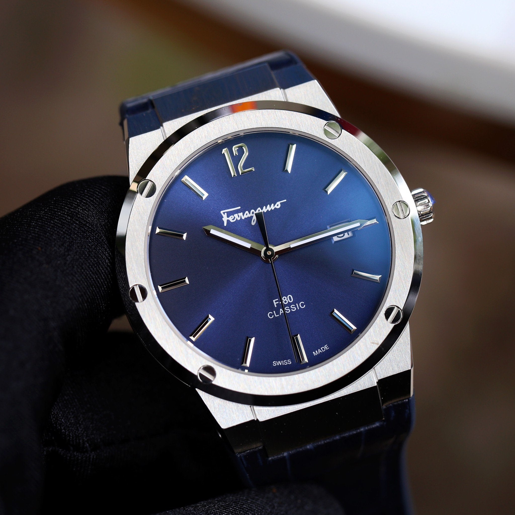 Salvatore Ferragamo F-80 Classic Blue Dial Blue Leather Strap Watch for Men - SFDT00319 Watches Salvatore Ferragamo   