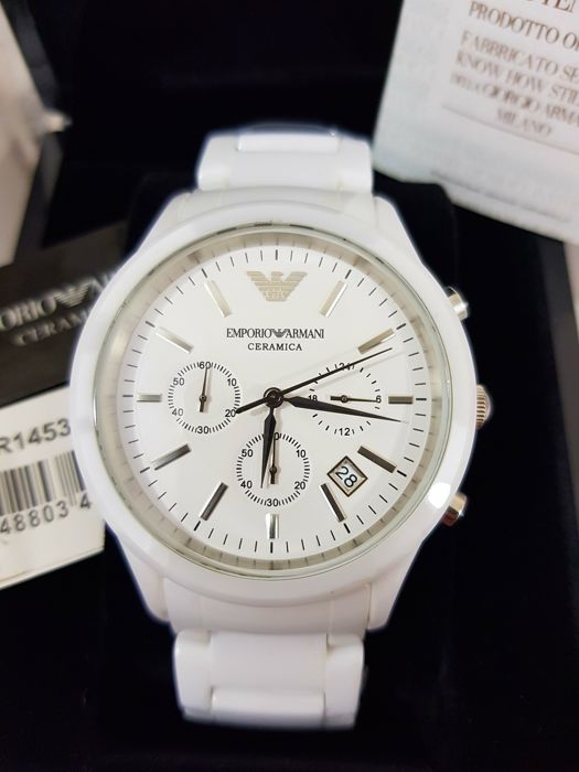 Emporio Armani Ceramica Chronograph White Dial White Strap Watch For Men - AR1453 Watches Emporio Armani   